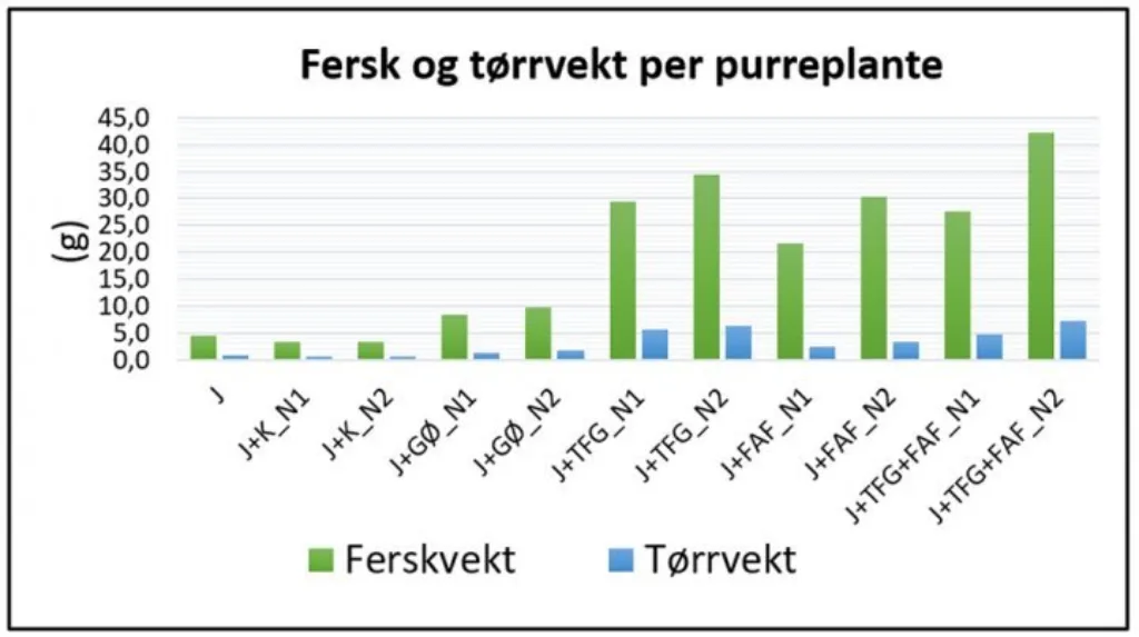 Tabell 2 Fersk- og tørrvekt per purreplante ved ulike behandlinger.