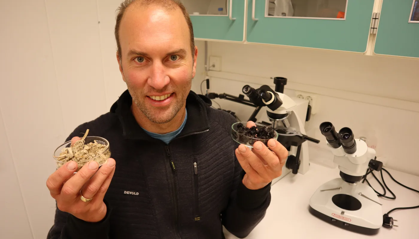 Bilde Joshua SIRKULÆRØKONOMI: Doktorgradsstipendiat Joshua Fenton Cabell med prøver av fiskerester og algefiber som kan bli bærekraftig og lokalprodusert gjødsel i landbruket. (Foto: Vegard Botterli)